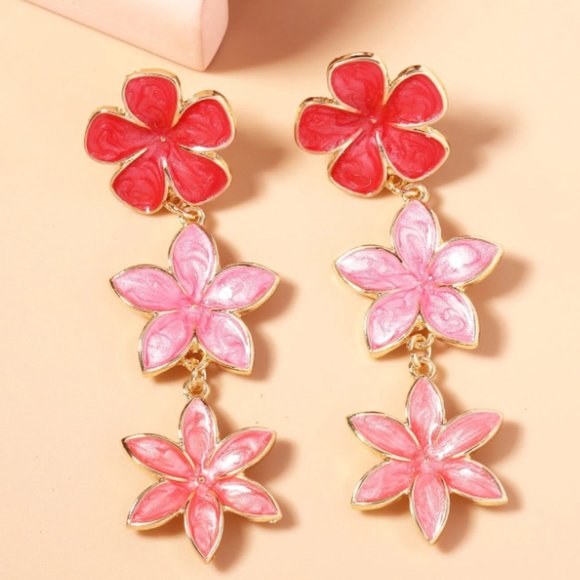Three Tier Pink Floral Flower Drip Oil Enamel Drop Earrings NEW - Picture 3 of 8